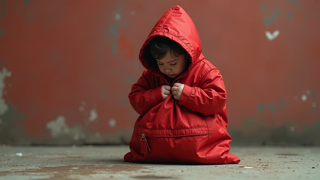  a small man hid behind a red bag the size of a man {prompt}, maximum details