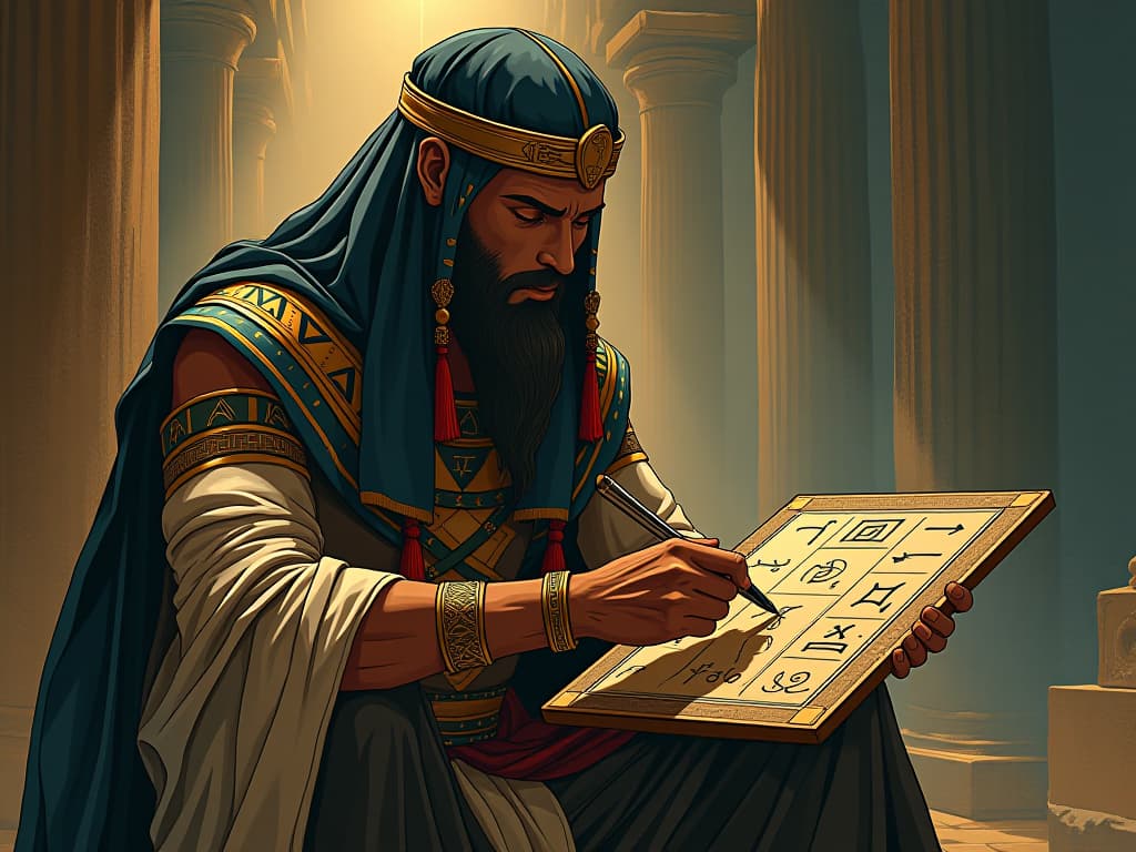  an ancient philosopher, contemplating life's purpose while inscribing symbols on a tablet, a seeking aura. the style is digital art illustration / modern comic book / mysterious occult, symbolic, esoteric vibe,high detail on character design, incorporating ancient egyptian symbology and attire.