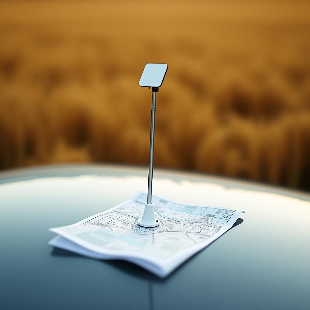  a geodetic square white antenna on the hood of a car in fields of wheat, with a paper map lying nearby.