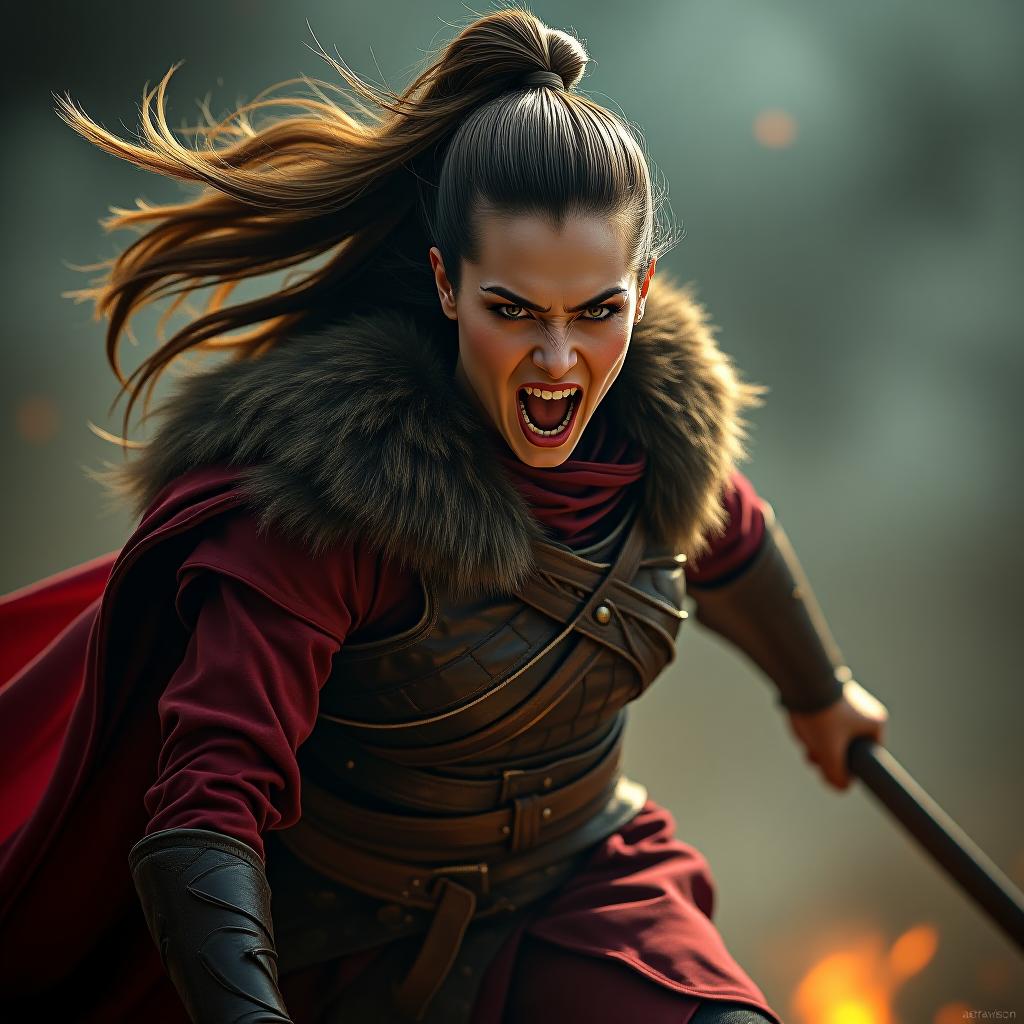  10. a dramatic image of a fierce female warrior, taken mid battle cry, showcasing her fearsome form and spirited vigor. the imagery is captured using a nikon d6 and a 70 200mm f/2.8 lens. small text 'astravision' at bottom right corner. hyperrealistic, full body, detailed clothing, highly detailed, cinematic lighting, stunningly beautiful, intricate, sharp focus, f/1. 8, 85mm, (centered image composition), (professionally color graded), ((bright soft diffused light)), volumetric fog, trending on instagram, trending on tumblr, HDR 4K, 8K