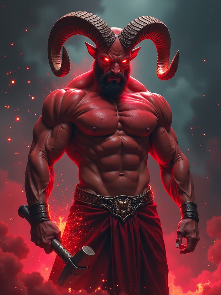  illustration of a handsome zodiac aries man, he's a ram horned , hes muscular, his body is red , his eyes are led red,, there's a red glow coming from his crotch, there's black and red fog, red flames, and sparks, up close, he's holding a battering ram