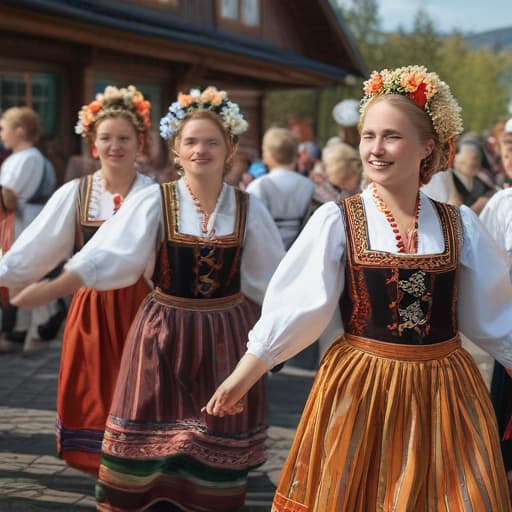 An image of a traditional Norwegian (((festival))) with people in folk costumes dancing, colorful decorations, day time, detailed, realistic