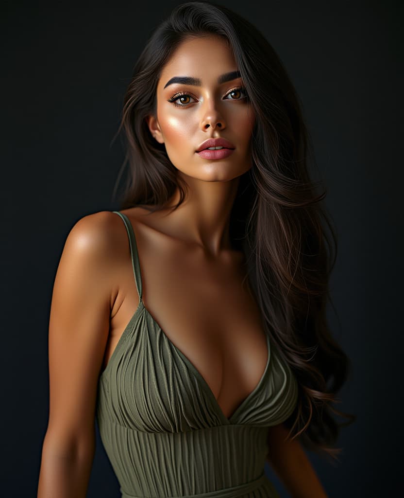  hdr photo of beautiful woman, model, with beautiful makeup, in a dress, with a high waist, on a dark background . high dynamic range, vivid, rich details, clear shadows and highlights, realistic, intense, enhanced contrast, highly detailed