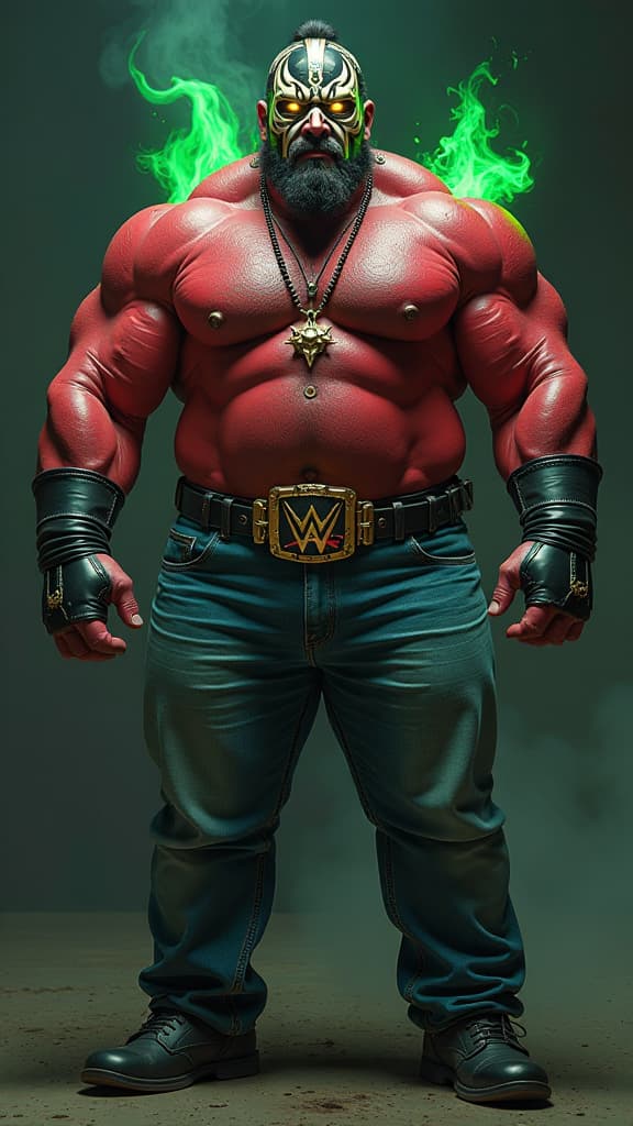  6'8" and 350 lb bulky giant, with red skin. yellow glowing eyes. full black wrestler outfit. light blue jeans. mexican black and white wrestling mask. green glowing pipes coming from his back. metal gloves.