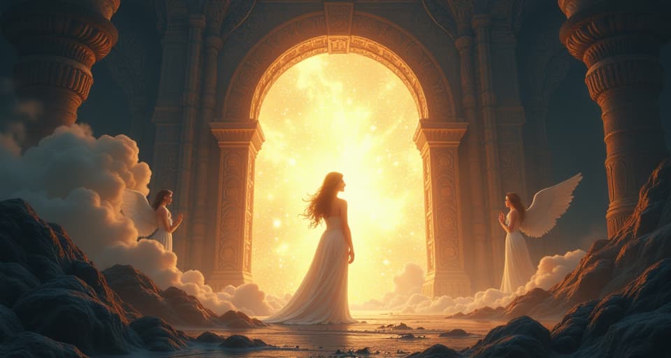  an ancient, mystical portal glowing with energy, surrounded by serene angels in soft, flowing attire. the environment hums with energetic light, signifying a great transition.. the style is digital art illustration,highly detailed, whimsical,magical, dreamlike atmosphere, realism and fantasy blend, smooth, glossy textures,luminous quality, wonder and enchantment.