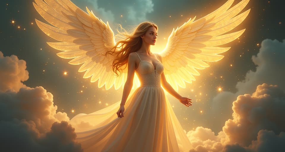  an ethereal angel, glowing intensely, surrounded by magical creatures. celestial light, powerful presence, “reckoning” aura.. the style is digital art illustration,highly detailed, whimsical,magical, dreamlike atmosphere, realism and fantasy blend, smooth, glossy textures,luminous quality, wonder and enchantment.