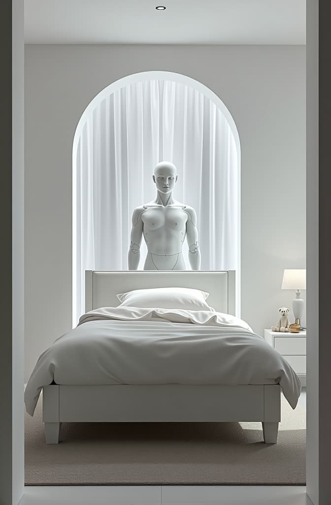  single bed with white linens. the bed is in the children's room in white colors. there are toys and a rug on the floor. half sided frame from below, statue made of marble, futuristic cybernetic, transhumanism, full body shot, perfect symmetrical body, perfect symmetrical face, hyper realistic, hyper detailed, by johannen voss, by peter kemp, by monia merlo, by michelangelo, octane render, blender, 8 k hyperrealistic, full body, detailed clothing, highly detailed, cinematic lighting, stunningly beautiful, intricate, sharp focus, f/1. 8, 85mm, (centered image composition), (professionally color graded), ((bright soft diffused light)), volumetric fog, trending on instagram, trending on tumblr, HDR 4K, 8K