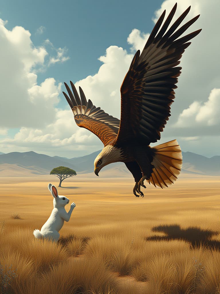  the little white rabbit was caught by an eagle. the vast steppes, the trees in the distance cast a shadow