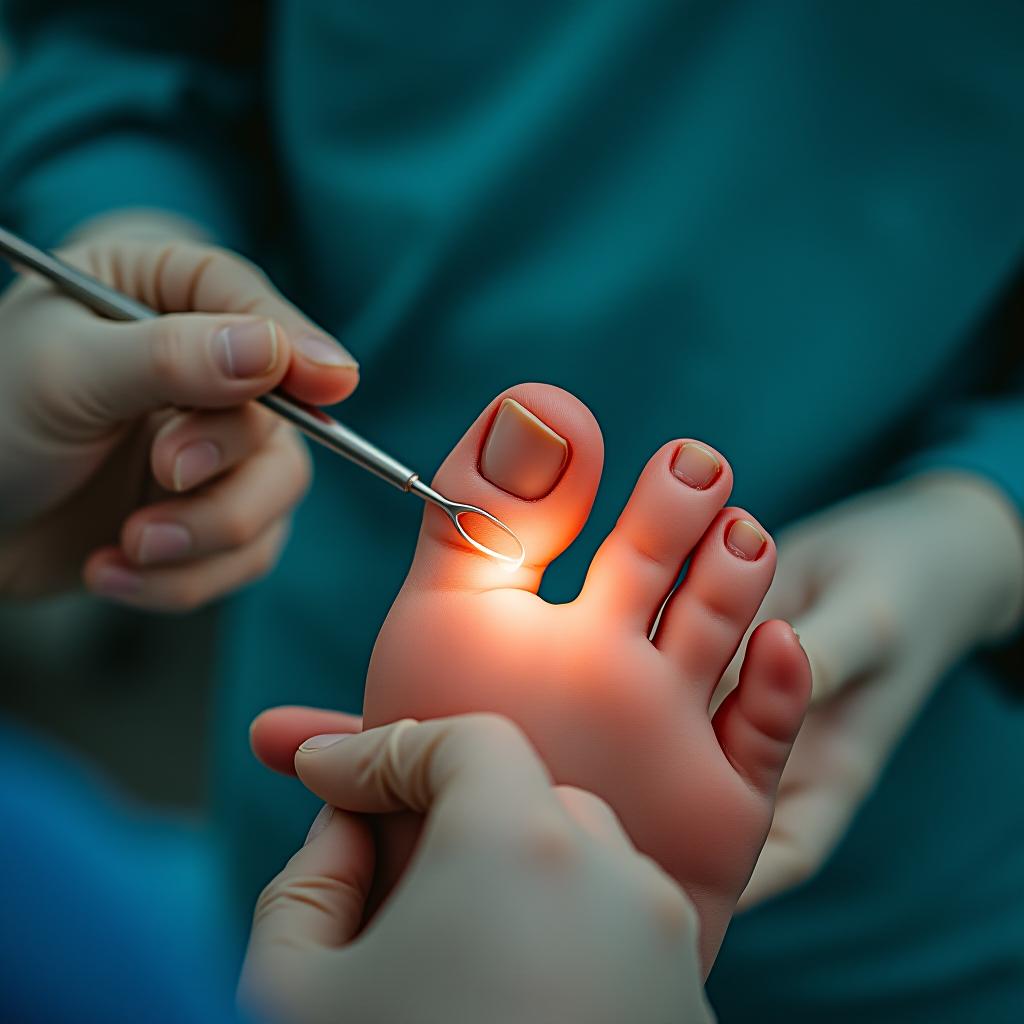  the surgeon removes an ingrown nail from the toe.