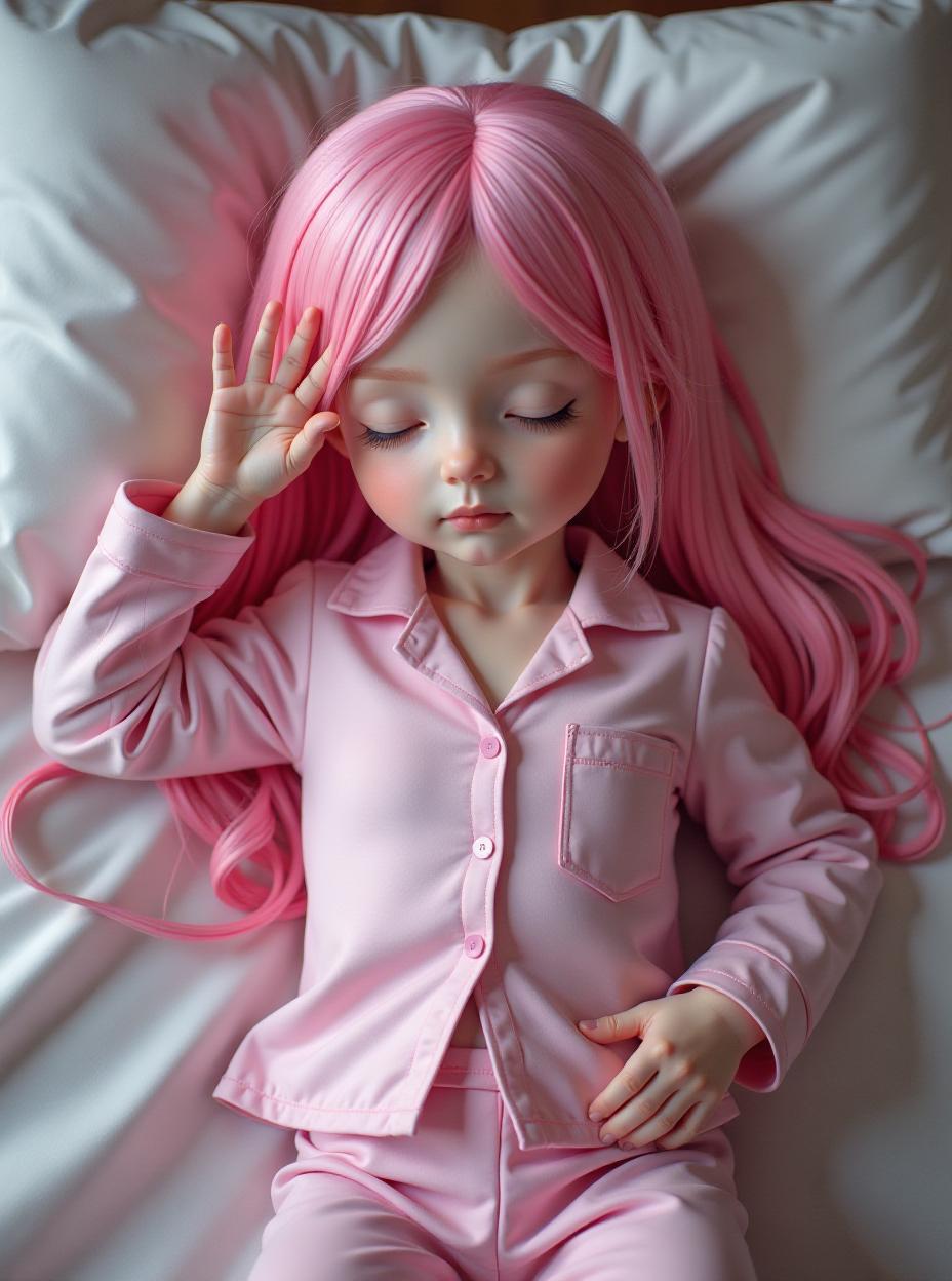  long pink hair, closed eyes, old, girl, pink pyjamas, laying on bed, sleeping, full body, ribbon , gigantic s, hypers, age, atb, full body, high quality, high details, hd, perfect composition, 4k epic detailed, highly detailed, sharp focus, high resolution