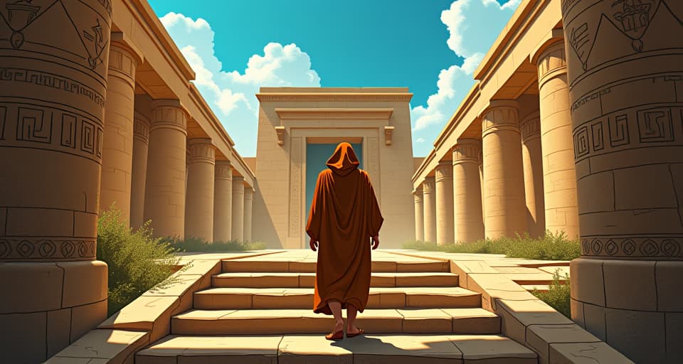  steps leading away from the temple, figure in flowing robes walking with steady resolve, oppressive weight visibly lifting, clear blue sky above.. the style is digital art illustration / modern comic book / mysterious occult, symbolic, esoteric vibe,high detail on character design, incorporating ancient egyptian symbology and attire.