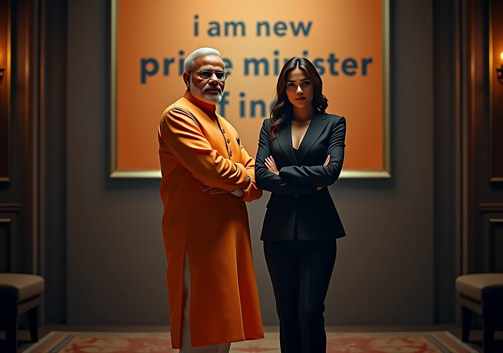  good quality, high quality, bruce wayne in narendra modi’s signature kurta pyjama outfit, posing heroically with a black widow like woman in her sleek black suit. a large banner behind them reads "i am new prime minister of india." they stand in an opulent gotham city mansion, with dramatic lighting casting shadows across the scene.