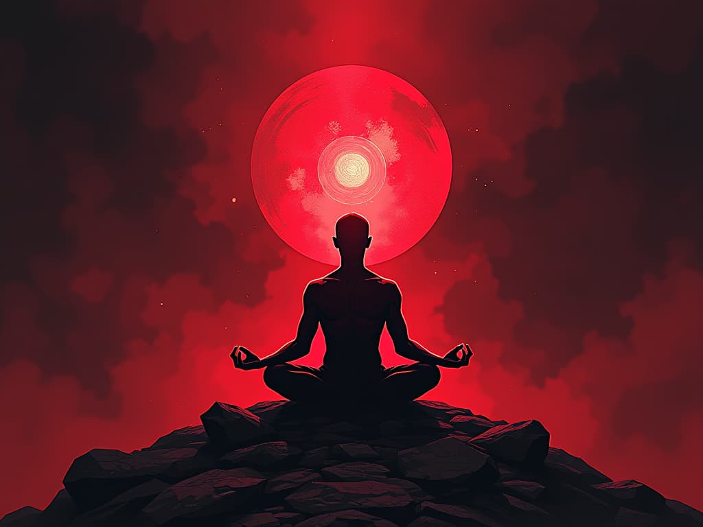  figure in red meditating, surrounded by a glowing aura, space for potential flourishing. the style is digital art illustration / modern comic book / graphic dark novel fantasy and mysterious occult, symbolic, moody lighting, esoteric vibe,high detail on character design. for the color scheme emphasize blacks and reds.