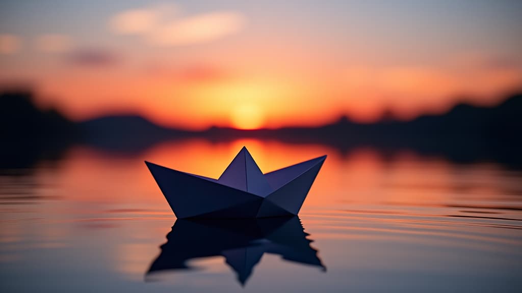  a paper boat sailing on a lake at sunset.