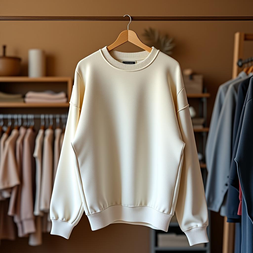  a cozy boutique clothing store interior with a focus on a plain cream colored sweatshirt hanging on a wooden hanger