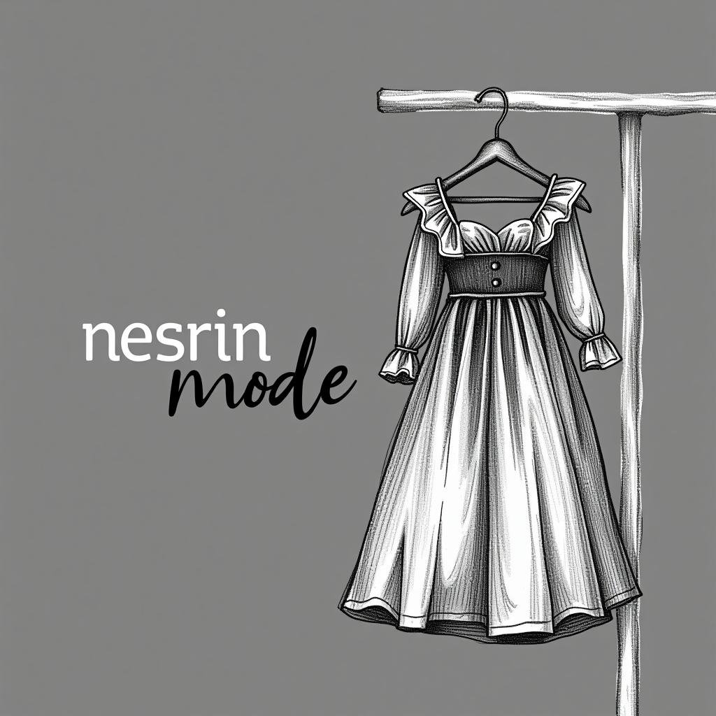  design a logo, in a pencil style. nesrin mode hintergrund schwarz schrift weiß neben ein gezeichnetes kleid , with the text 'nesrin mode '.