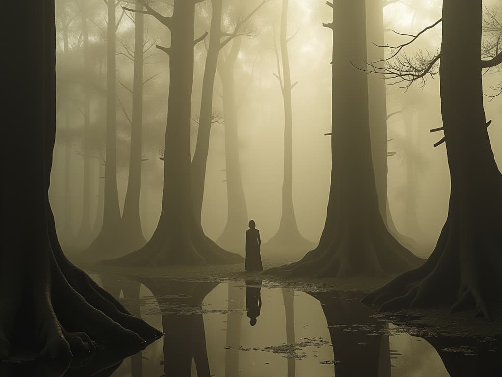  a mist covered swamp with towering cypress trees, their roots twisting into the water, eerie and mysterious, sepia tones. hyperrealistic, full body, detailed clothing, highly detailed, cinematic lighting, stunningly beautiful, intricate, sharp focus, f/1. 8, 85mm, (centered image composition), (professionally color graded), ((bright soft diffused light)), volumetric fog, trending on instagram, trending on tumblr, HDR 4K, 8K