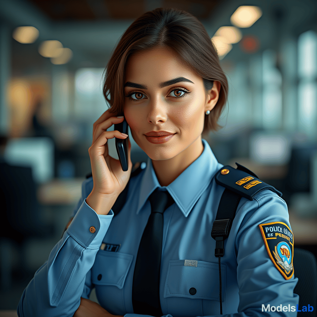  portrain of female pilice officer, calling phone realistic, stock photo, looking to camera, bright office,  hyperrealistic, full body, detailed clothing, highly detailed, cinematic lighting, stunningly beautiful, intricate, sharp focus, f/1. 8, 85mm, (centered image composition), (professionally color graded), ((bright soft diffused light)), volumetric fog, trending on instagram, trending on tumblr, HDR 4K, 8K