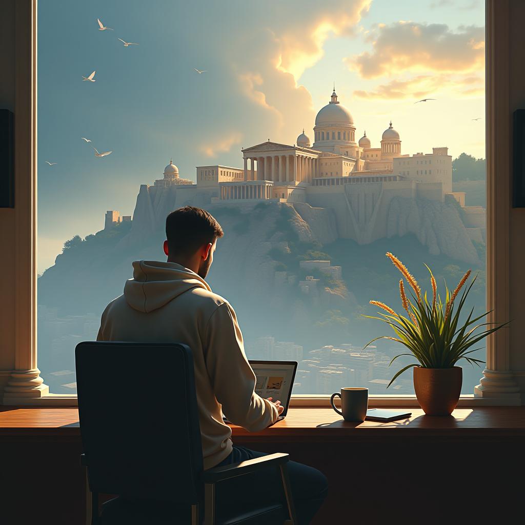  ethereal fantasy concept art of the young man(s) in modern clothes sits at the table and prints something on the laptop and behind him the ancient greek city. . magnificent, celestial, ethereal, painterly, epic, majestic, magical, fantasy art, cover art, dreamy hyperrealistic, full body, detailed clothing, highly detailed, cinematic lighting, stunningly beautiful, intricate, sharp focus, f/1. 8, 85mm, (centered image composition), (professionally color graded), ((bright soft diffused light)), volumetric fog, trending on instagram, trending on tumblr, HDR 4K, 8K