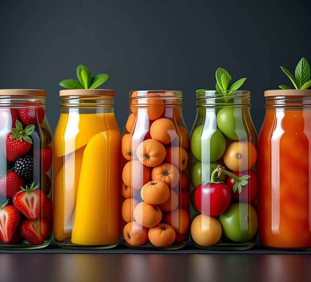  a row of glass jars filled with various fruits and vegetables