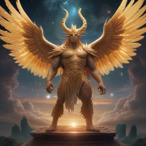 In a celestial realm, a group of ethereal beings known as the Divinus Guardians stand tall and powerful, bathed in golden light. Each guardian is adorned with intricate armor and wings that shimmer with divine energy. One of the guardians, a majestic Sky-Type creature, reaches out with a glowing hand towards a mystical portal. Through the portal emerges another magnificent Divinus-Type monster, radiating power and strength. The sky above is filled with swirling clouds and sparkling stars, reflecting the otherworldly nature of these guardians. The entire scene is a breathtaking display of majesty and power, capturing the essence of the Call of the Divinus Guardians. fantastical creatures or characters inspired by mythology, folklore, or popu