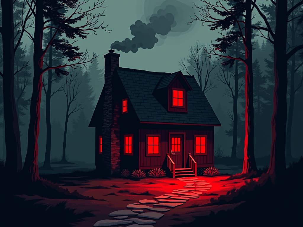  red cottage on the edge of a forest, smoke curling from chimney, cozy atmosphere, warmth and simplicity. the style is digital art illustration / modern comic book / graphic dark novel fantasy and mysterious occult, symbolic, moody lighting, esoteric vibe,high detail on character design. for the color scheme emphasize blacks and reds.