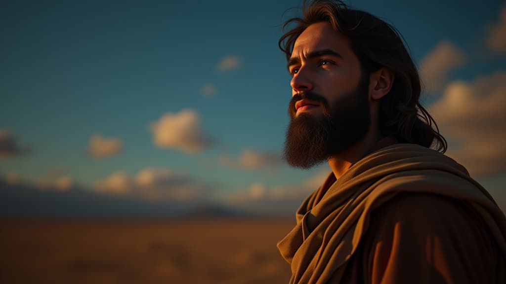  history of biblical times, jacob reflecting on his past while gazing at the stars, a hint of melancholy in his expression as he contemplates his journey. hyperrealistic, full body, detailed clothing, highly detailed, cinematic lighting, stunningly beautiful, intricate, sharp focus, f/1. 8, 85mm, (centered image composition), (professionally color graded), ((bright soft diffused light)), volumetric fog, trending on instagram, trending on tumblr, HDR 4K, 8K