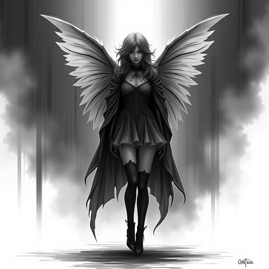  dystopian style a black white sketch of a beautiful and spicy with wings and a high quality face, a fairy stands full in a and model potion in the stockings, shoes in very high beds, in a short dress with bright hair, wrapped in cos . bleak, post apocalyptic, somber, dramatic, highly detailed hyperrealistic, full body, detailed clothing, highly detailed, cinematic lighting, stunningly beautiful, intricate, sharp focus, f/1. 8, 85mm, (centered image composition), (professionally color graded), ((bright soft diffused light)), volumetric fog, trending on instagram, trending on tumblr, HDR 4K, 8K