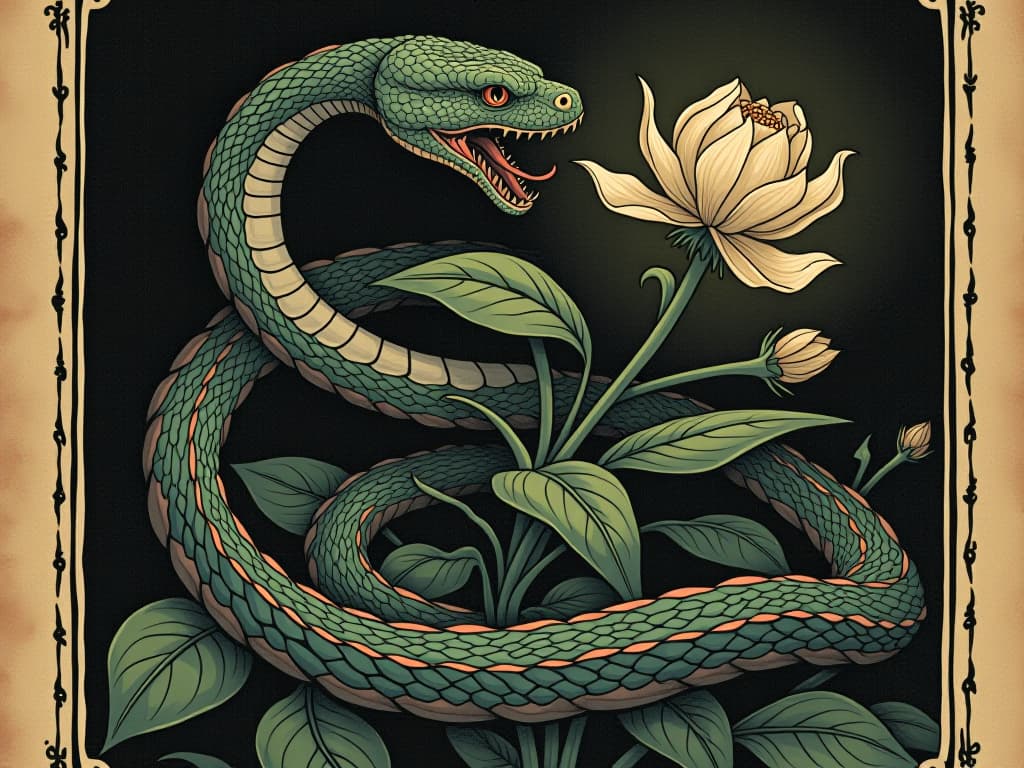  a serpent coiled around a flowering plant, whispering into its bloom, duality of beauty and deceit, hidden dangers, ill intentions. an illustration in the style of a worn, mystical old tarot trump card, mysterious and elements of surrealism. the colors are muted, somber and eerie, but with contrast bring out an occult and esoteric vibe.