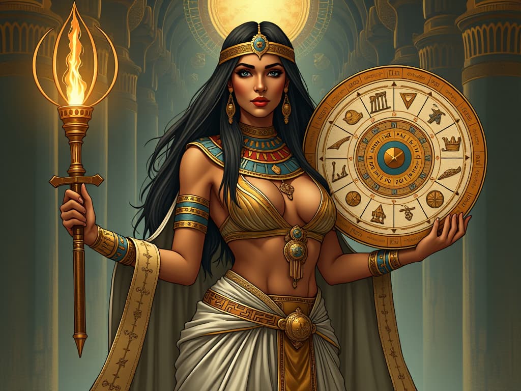  nabu, large busted high priestess in tight linen, holding a cosmic chart, symbolizing deep understanding and cosmic order. the style is digital art illustration / modern comic book / mysterious occult, symbolic, esoteric vibe,high detail on character design, incorporating ancient egyptian symbology and attire.