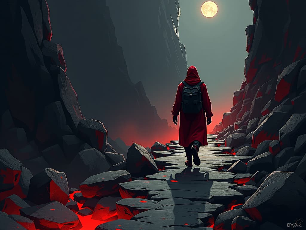  traveler in red attire, walking a rocky path, filled with obstacles, sense of challenges and determination. the style is digital art illustration / modern comic book / graphic dark novel fantasy and mysterious occult, symbolic, moody lighting, esoteric vibe,high detail on character design. for the color scheme emphasize blacks and reds.