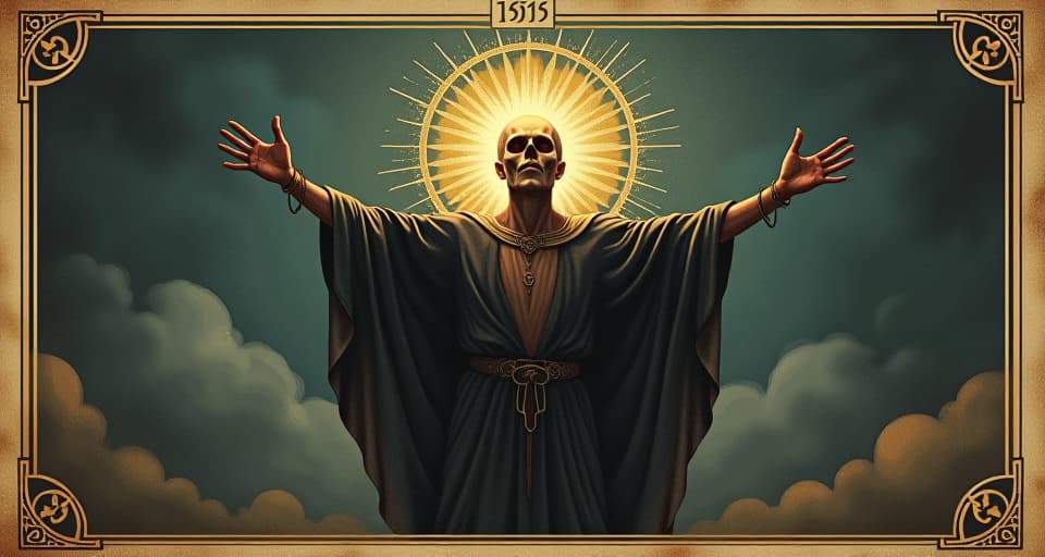  radiant figure, triumphant gestures, storytelling pose, background of past struggles, victorious and retrospective mood. an illustration in the style of a worn, mystical old tarot trump card, mysterious and elements of surrealism. the colors are muted, somber and eerie, but with contrast bring out an occult and esoteric vibe.