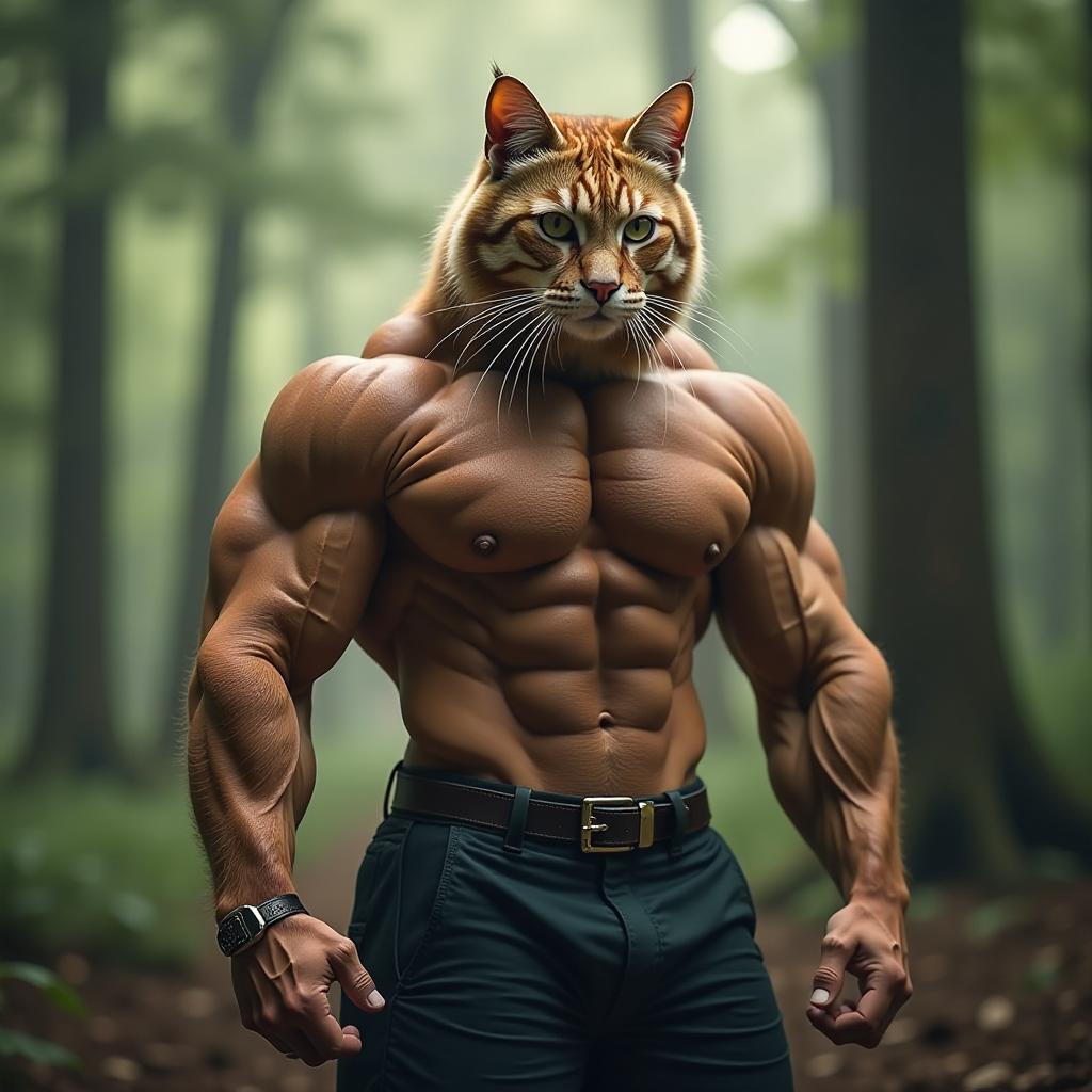  a muscular body builder cat, more realistic, forest in background hyperrealistic, full body, detailed clothing, highly detailed, cinematic lighting, stunningly beautiful, intricate, sharp focus, f/1. 8, 85mm, (centered image composition), (professionally color graded), ((bright soft diffused light)), volumetric fog, trending on instagram, trending on tumblr, HDR 4K, 8K