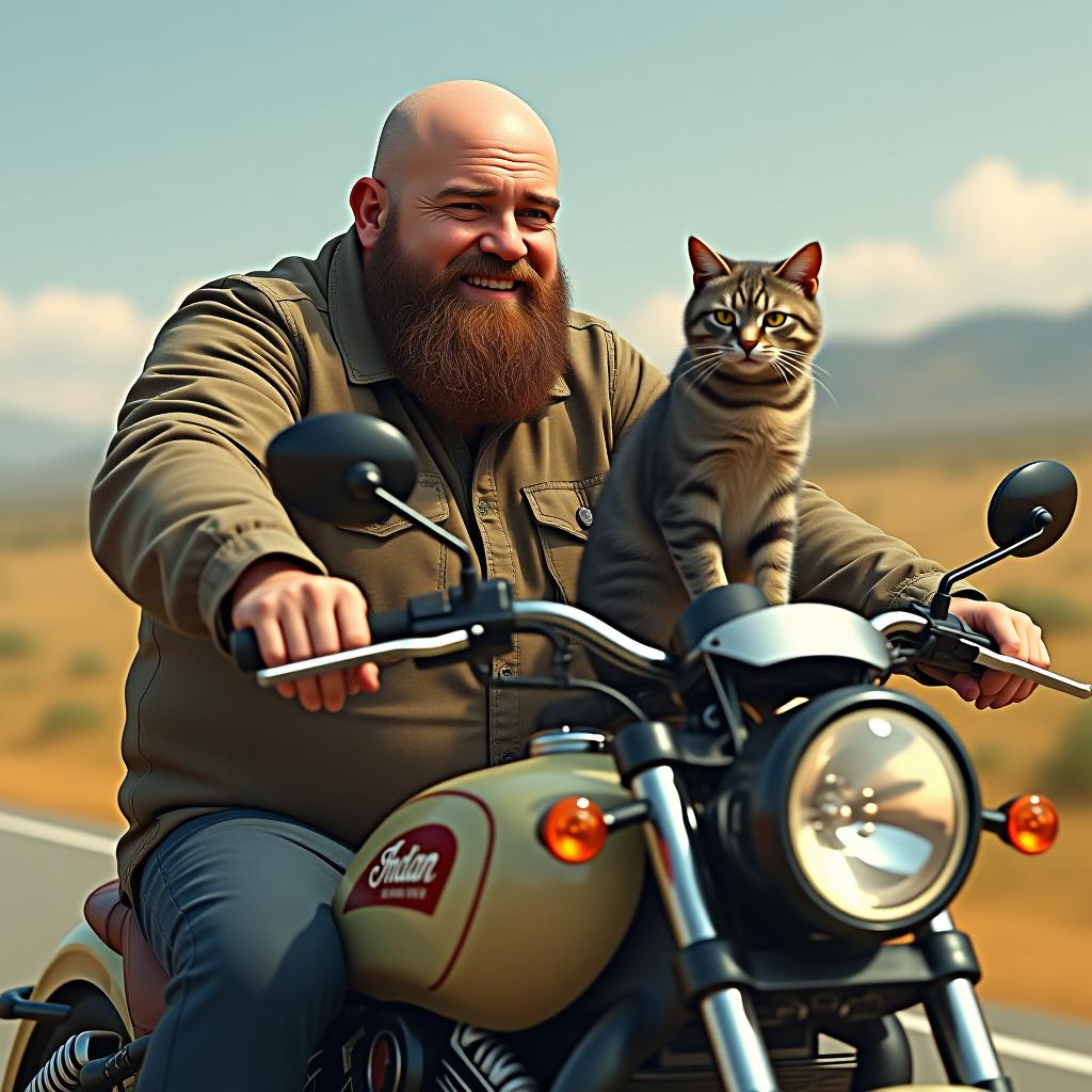  a chubby man with a bald head and a beard is riding an indian motorcycle, with a gray striped cat sitting on the gas tank in front of him. realistic style.