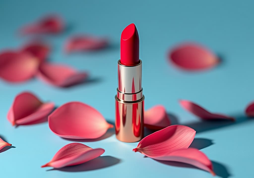  a red lipstick with petals on a blue surface