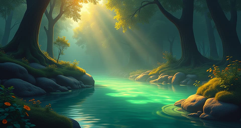  a glowing spring in an enchanted forest, with crystal clear waters that shimmer brilliantly. ethereal light fills the scene, symbolizing essence of perseverance.. the style is digital art illustration,highly detailed, whimsical,magical, dreamlike atmosphere, realism and fantasy blend, smooth, glossy textures,luminous quality, wonder and enchantment.