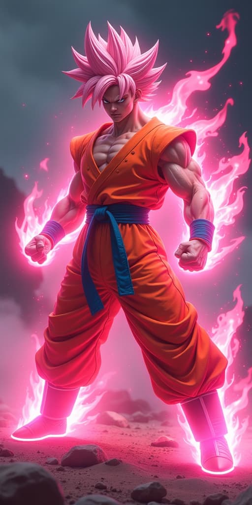  generate an art image.imagine a powerful fictional character with spiky hair, showcasing an impressive supernatural form radiating a light pink energy aura. this character is a mix of two others, an embodiment of ultimate power and technique. he's got a lean muscular build, wearing a distinctive orange martial arts uniform. he's posed in a defensive stance, ready to launch into action any moment. hyperrealistic, full body, detailed clothing, highly detailed, cinematic lighting, stunningly beautiful, intricate, sharp focus, f/1. 8, 85mm, (centered image composition), (professionally color graded), ((bright soft diffused light)), volumetric fog, trending on instagram, trending on tumblr, HDR 4K, 8K