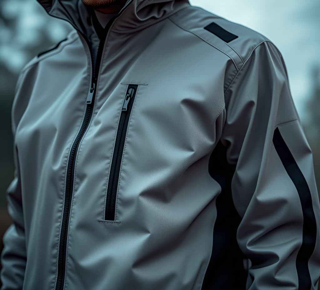  a grey waterproof jacket with black stripes and zippers, blending function with a sleek design., high quality, high details, hd, perfect composition, 4k epic detailed, highly detailed, sharp focus, high resolution