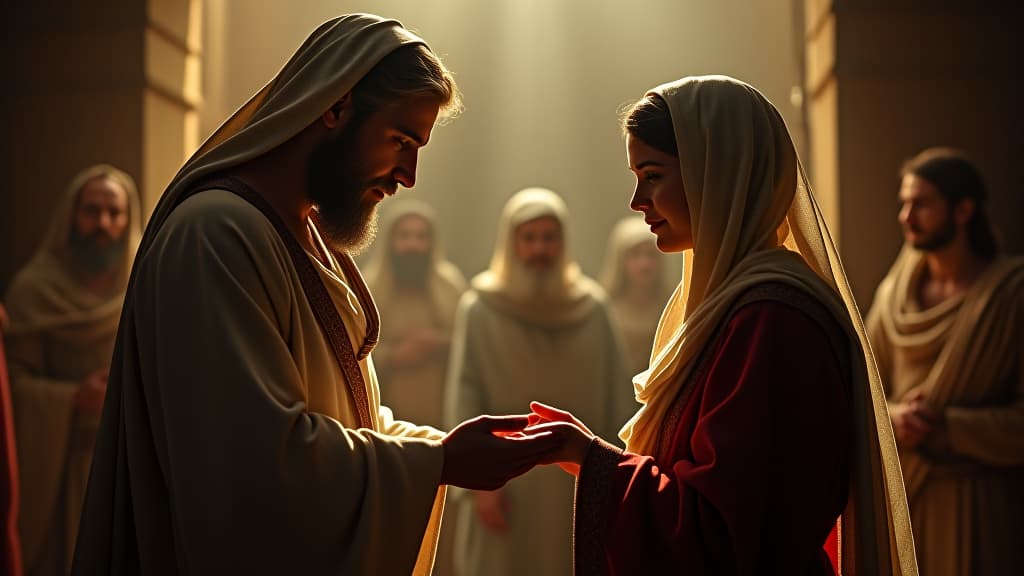  history of biblical times, the family blessing rebecca as she prepares to leave with the servant, a moment of bittersweet parting. hyperrealistic, full body, detailed clothing, highly detailed, cinematic lighting, stunningly beautiful, intricate, sharp focus, f/1. 8, 85mm, (centered image composition), (professionally color graded), ((bright soft diffused light)), volumetric fog, trending on instagram, trending on tumblr, HDR 4K, 8K