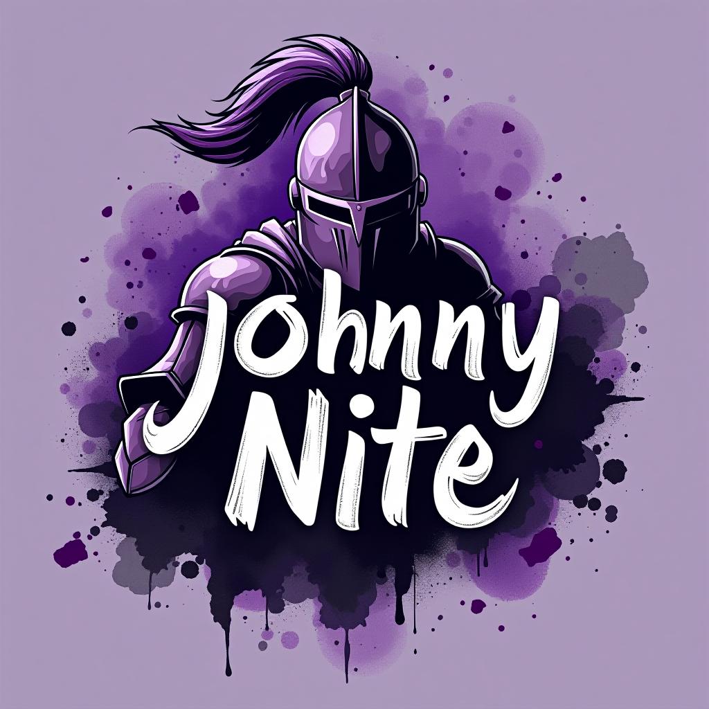  design a logo, in a watercolor style. knight graffiti purple and black, with the text 'johnny nite'.