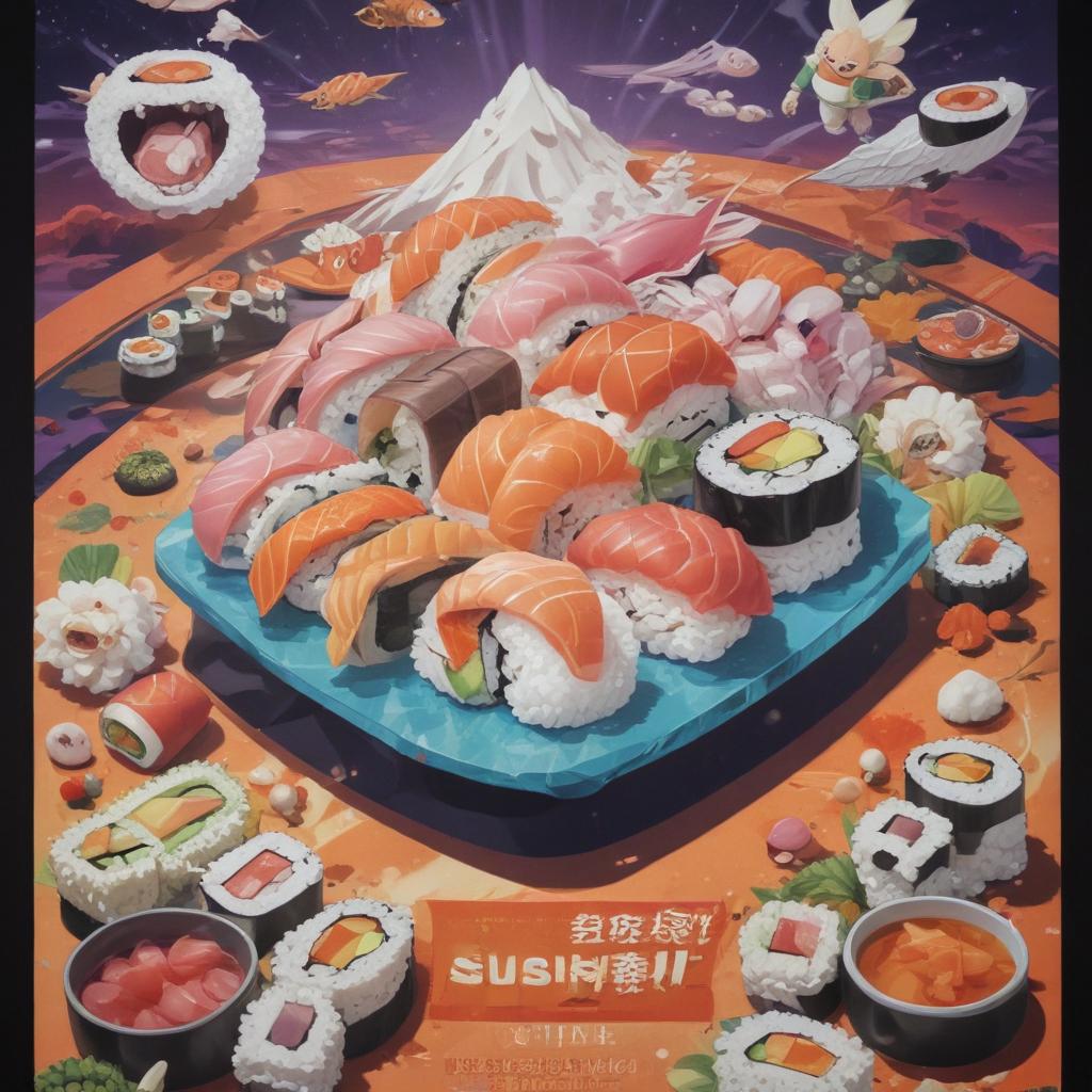 distance-shot, flashy, full-body, dynamic, holographic, animated cartoon poster of sushi scene in the style of dragon ball super