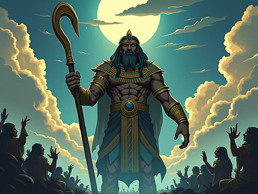  maui, with an imposing figure, wielding his divine fishhook, gods looking down approvingly from the clouds, scene of altering nature. the style is digital art illustration / modern comic book / mysterious occult, symbolic, esoteric vibe,high detail on character design, incorporating ancient egyptian symbology and attire.