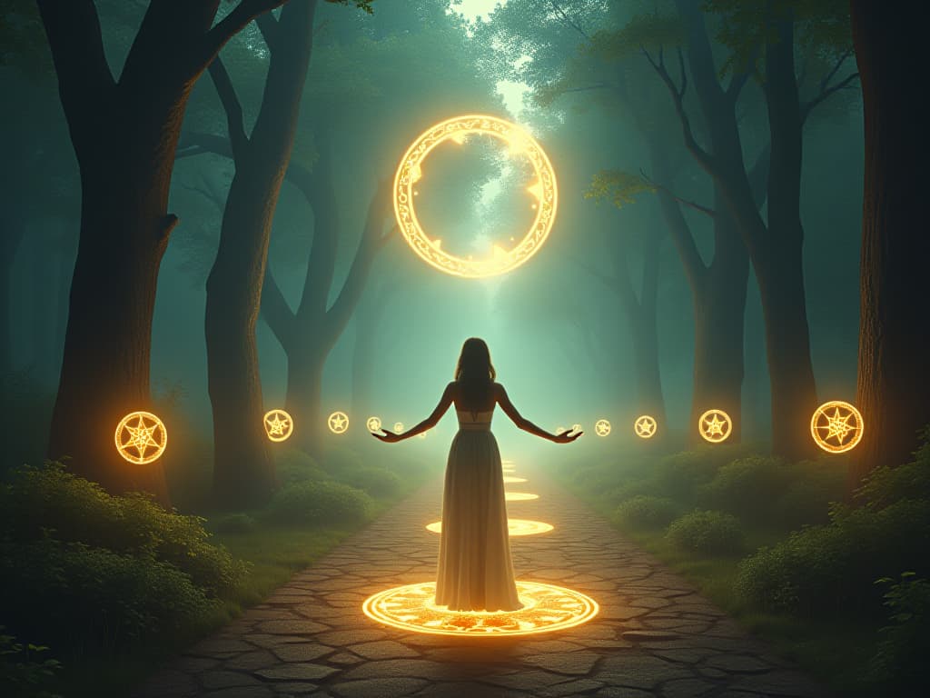  mystic balancing energy, standing before an illuminated path with glowing symbols in an enchanted forest. luminous beings reflect continual adjustment.. the style is digital art illustration,highly detailed, whimsical,magical, dreamlike atmosphere, realism and fantasy blend, smooth, glossy textures,luminous quality, wonder and enchantment.