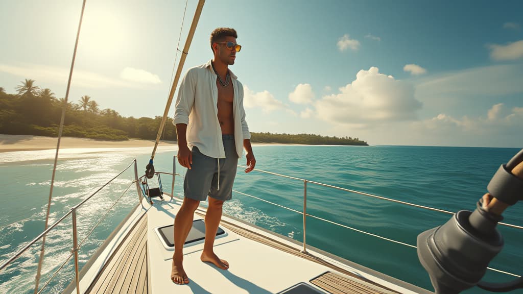  hyperrealistic art a full length young man in shorts and a white loose shirt stands on a yacht with a tail in his hands next to a in a micro on a sunny summer day against the background of a tropical beach . extremely high resolution details, photographic, realism pushed to extreme, fine texture, incredibly lifelike