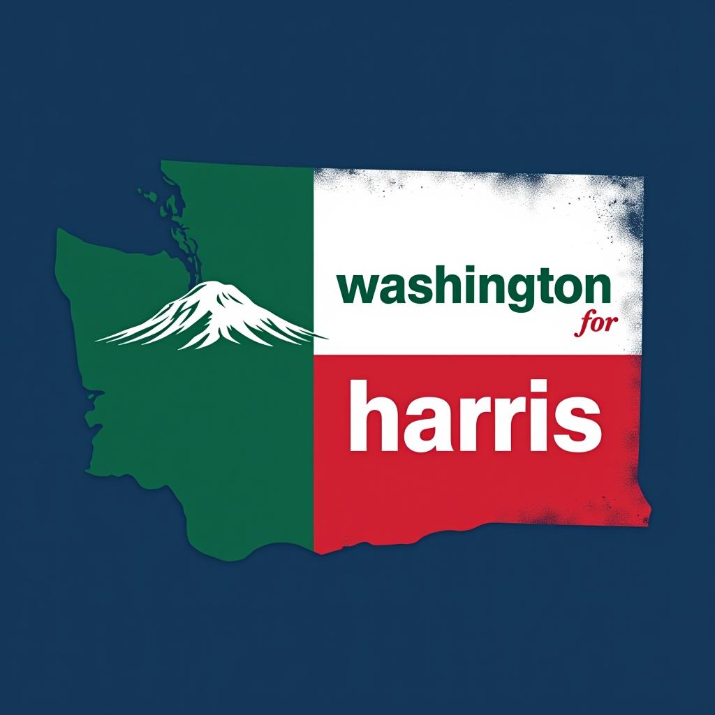  a tshirt design inspired by the washington state flag. the left side features a green vertical stripe with a large mountain in the center. the right side is divided into two horizontal sections: the top section is white with the text 'washington for' in bold, green, uppercase letters, and the bottom section is red with the text 'harris walz' in bold, white, uppercase letters. the overall layout is clean and straightforward, with a clear and patriotic color scheme of blue, white, and red.