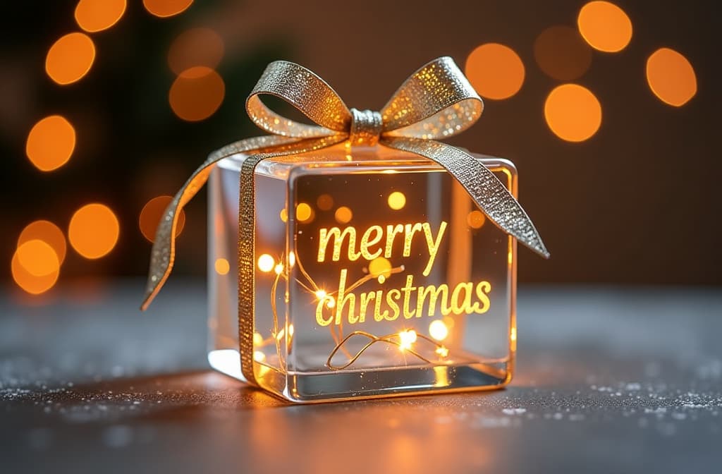  transparent glass christmas gift with glass bow, golden glowing text “merry christmas”, festive golden bokeh background ar 3:2 {prompt}, maximum details