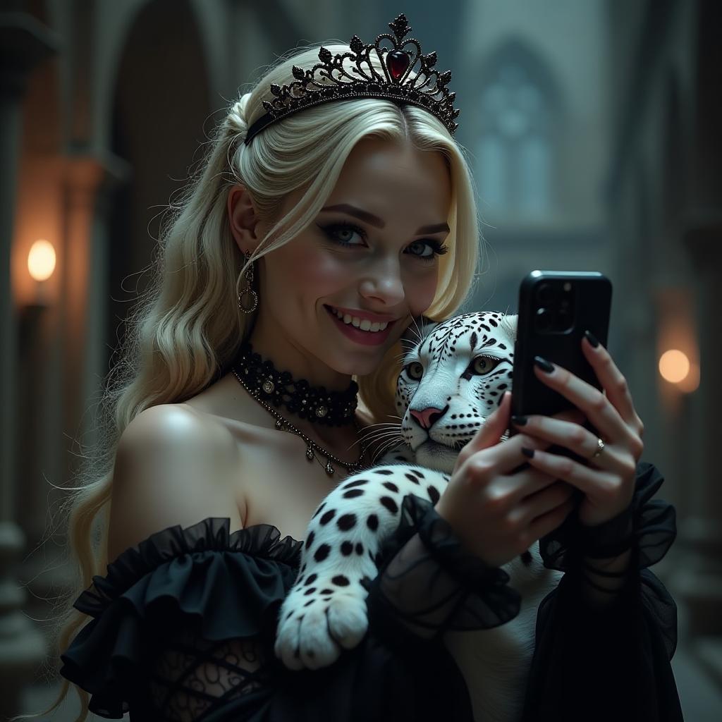  gothic style beautiful girl, blonde, vampire, beautiful smile, in a beautiful outfit of jewelry, in a tiara. hugs a white leopard, takes a photo on the phone, night, dracula's castle. . dark, mysterious, haunting, dramatic, ornate, detailed