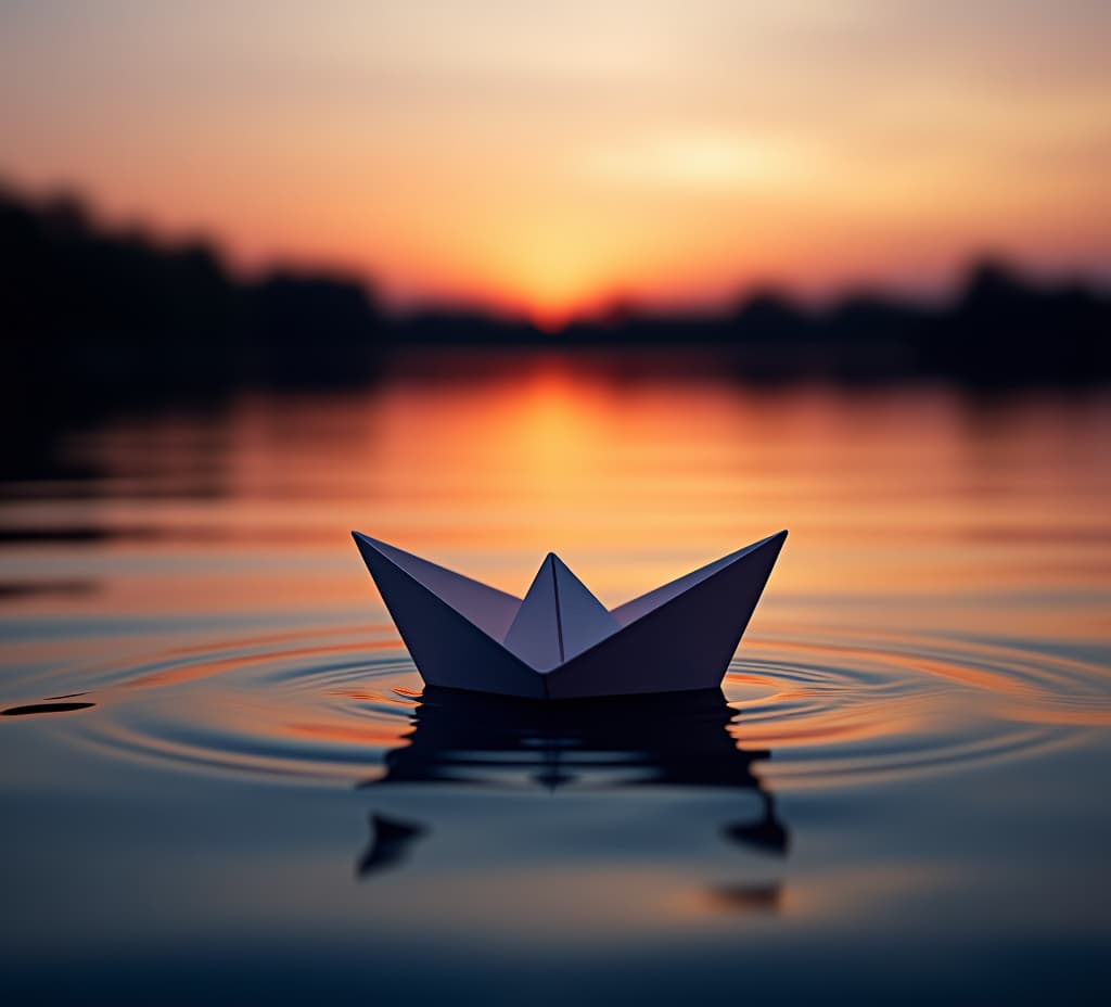  a paper boat sailing on a lake at sunset.