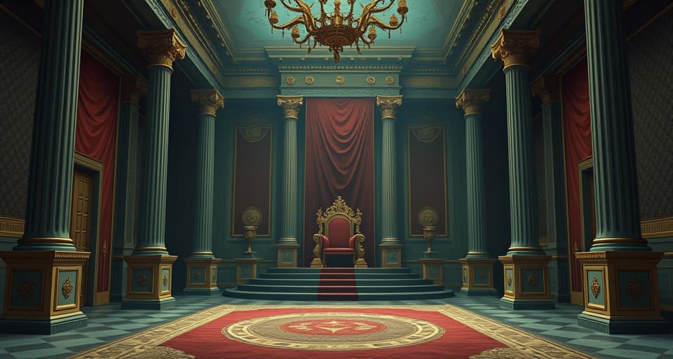  empty throne room, grand and ornate but devoid of life, tapestries and banners hanging listlessly, cold and silent atmosphere. an illustration in the style of a worn, mystical old tarot trump card, mysterious and elements of surrealism. the colors are muted, somber and eerie, but with contrast bring out an occult and esoteric vibe.