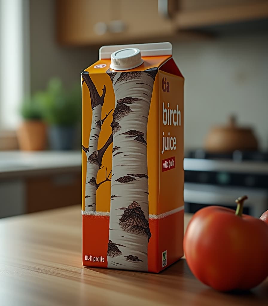  a carton of juice with a picture of a realistic birch on the front, the label says "birch juice with pulp", realistic, masterpiece, photo realistic, on a kitchen table hyperrealistic, full body, detailed clothing, highly detailed, cinematic lighting, stunningly beautiful, intricate, sharp focus, f/1. 8, 85mm, (centered image composition), (professionally color graded), ((bright soft diffused light)), volumetric fog, trending on instagram, trending on tumblr, HDR 4K, 8K